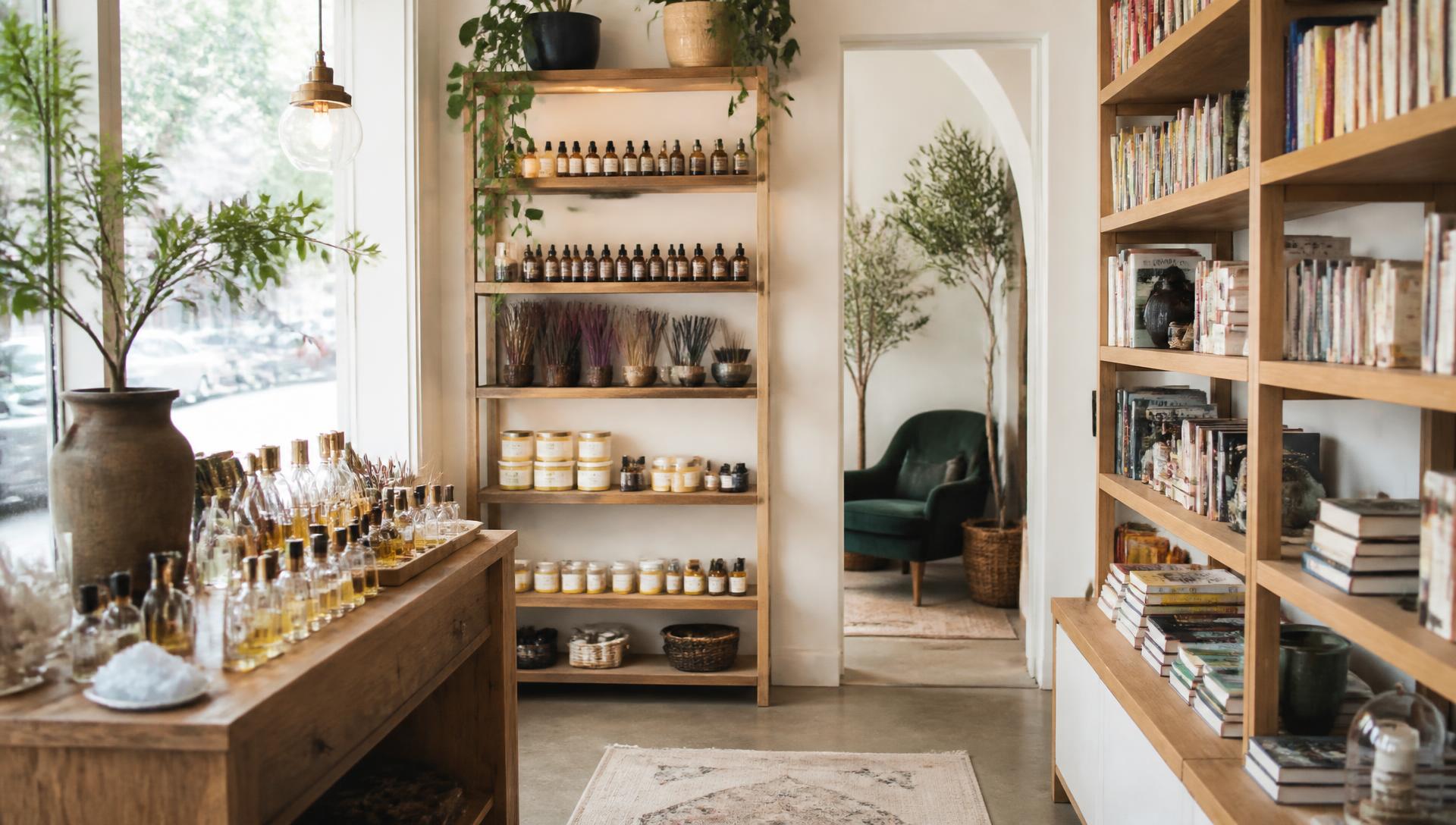 Inside Mecca Fragrance Oils & Bookstore, shelves lined with fragrance oil bottles and books